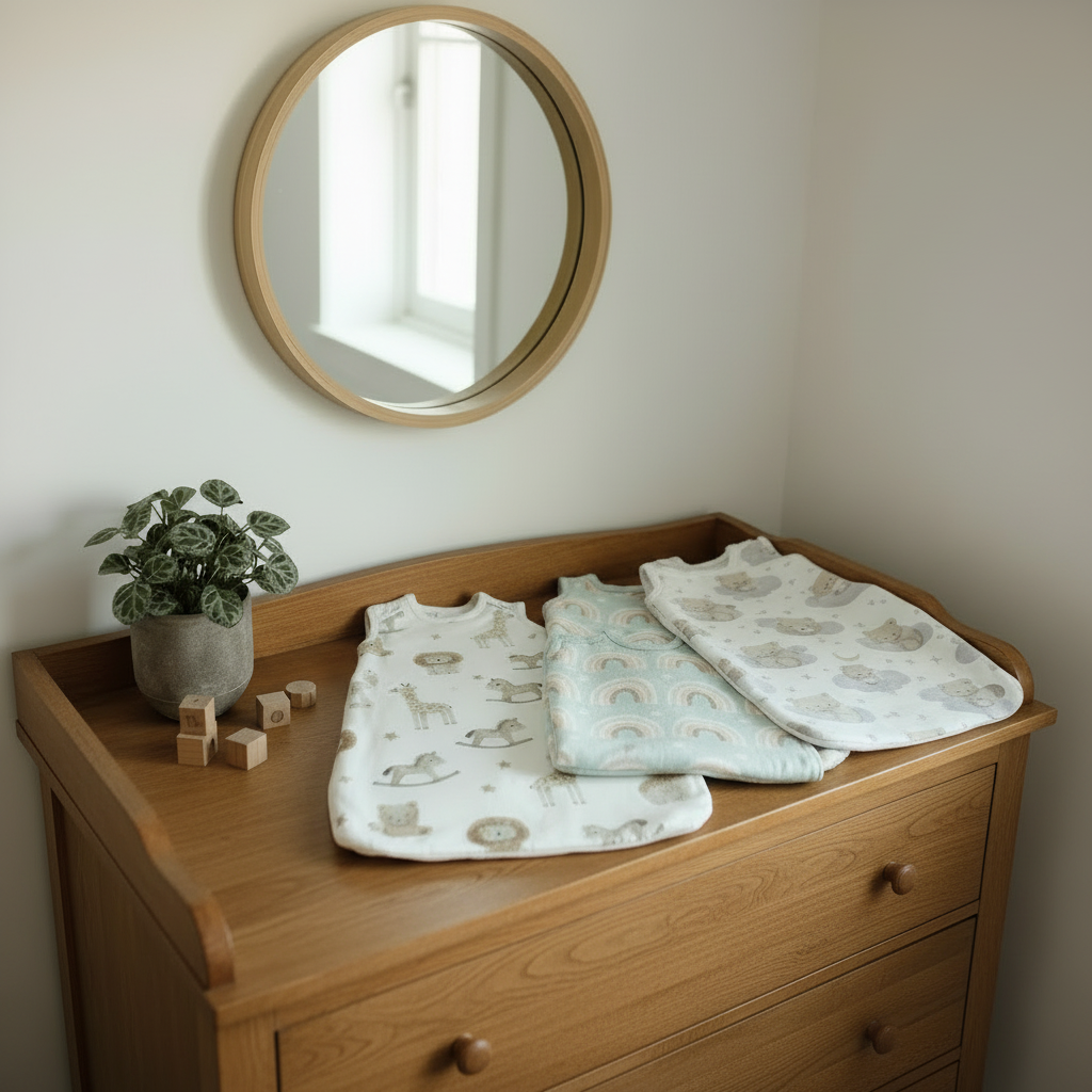 Gigoteuse girafe, arc-en-ciel, ourson placé sur commode