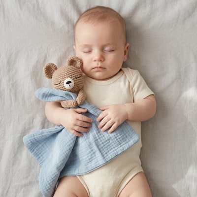 Doudou bebe bleu bébé fait sieste dans lit