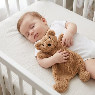 Doudou brun en peluche enlacé par un bébé endormi sur le dos