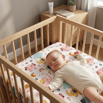 Drap housse lit bebe éléphant avec enfant qui fait une sieste