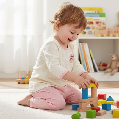 Pyjama bebe lapin rose porté par enfant jouant aux blocs
