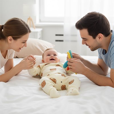Pyjama bébé ours en peluche beige entouré de ses parents