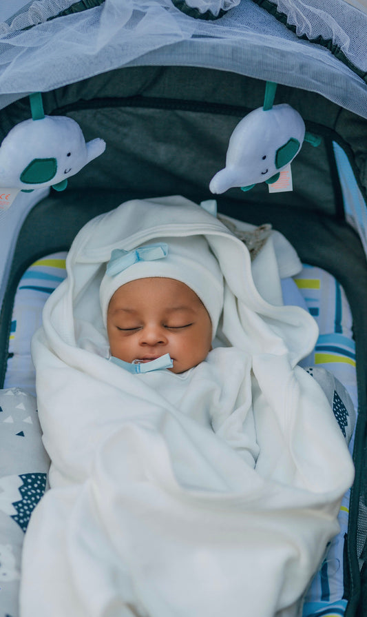 moustiquaire lit bébé installée au-dessus d'un berceau avec bébé endormi