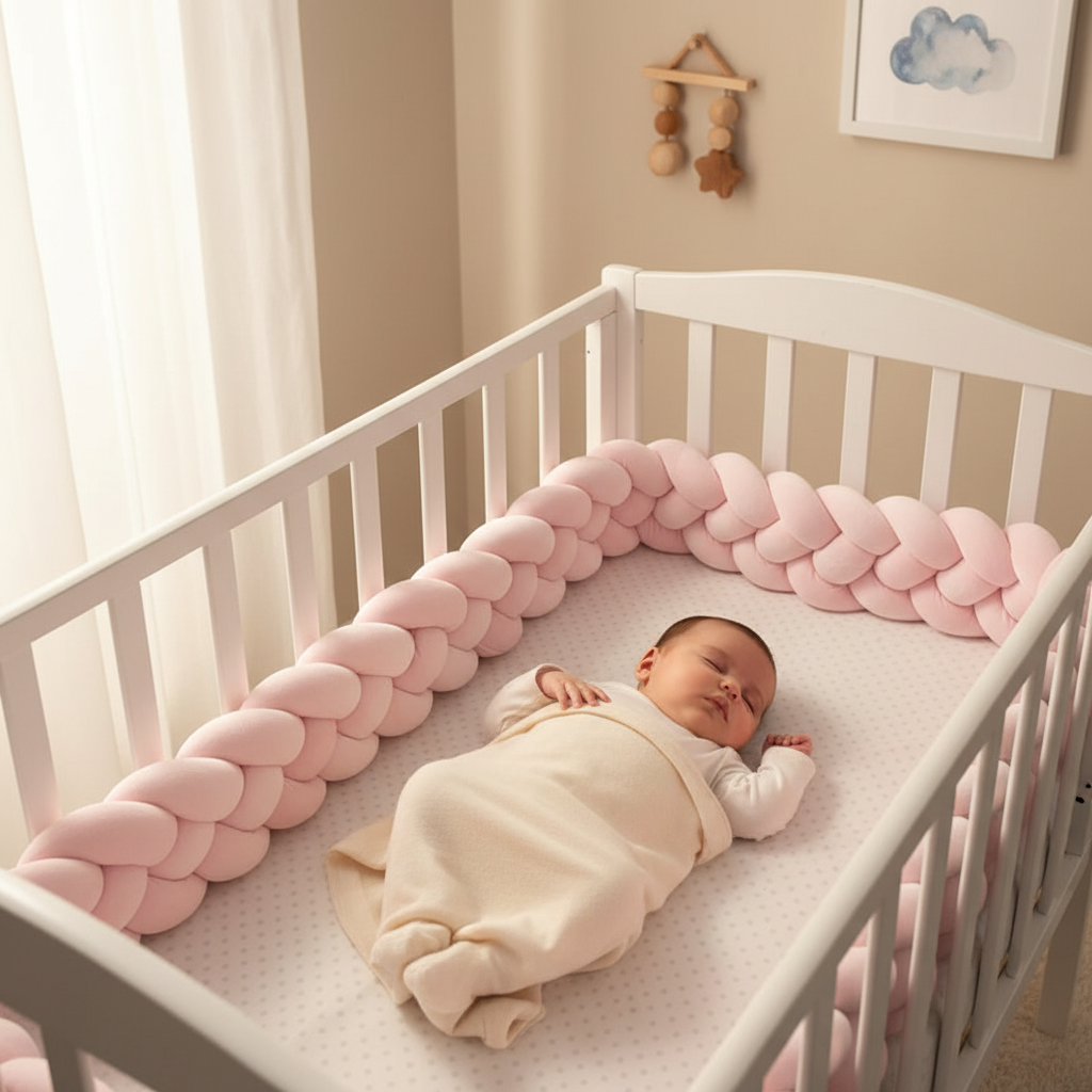 Bambin endormi dans son lit avec tour de lit bébé complet