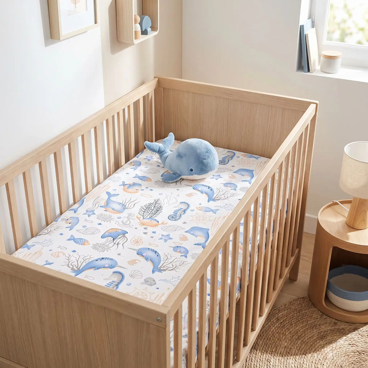 Drap hausse bébé lit bien arrangé avec doudou baleine