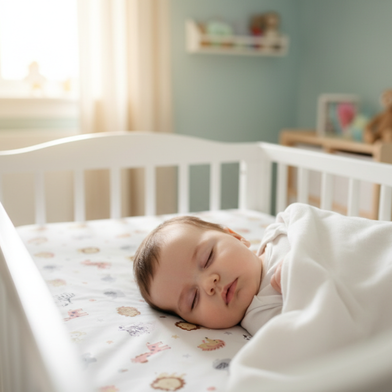 Bébé couché dans son lit avec drap-housse 60x120 animaux safari