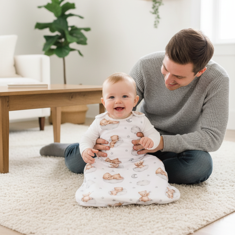 Bébé en gigoteuse au salon avec papa