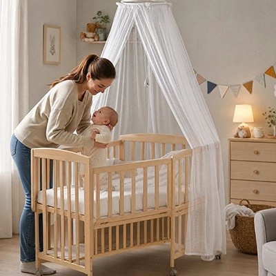 bébé moustiquaire blanc suspendu au-dessus d'un berceau en bois
