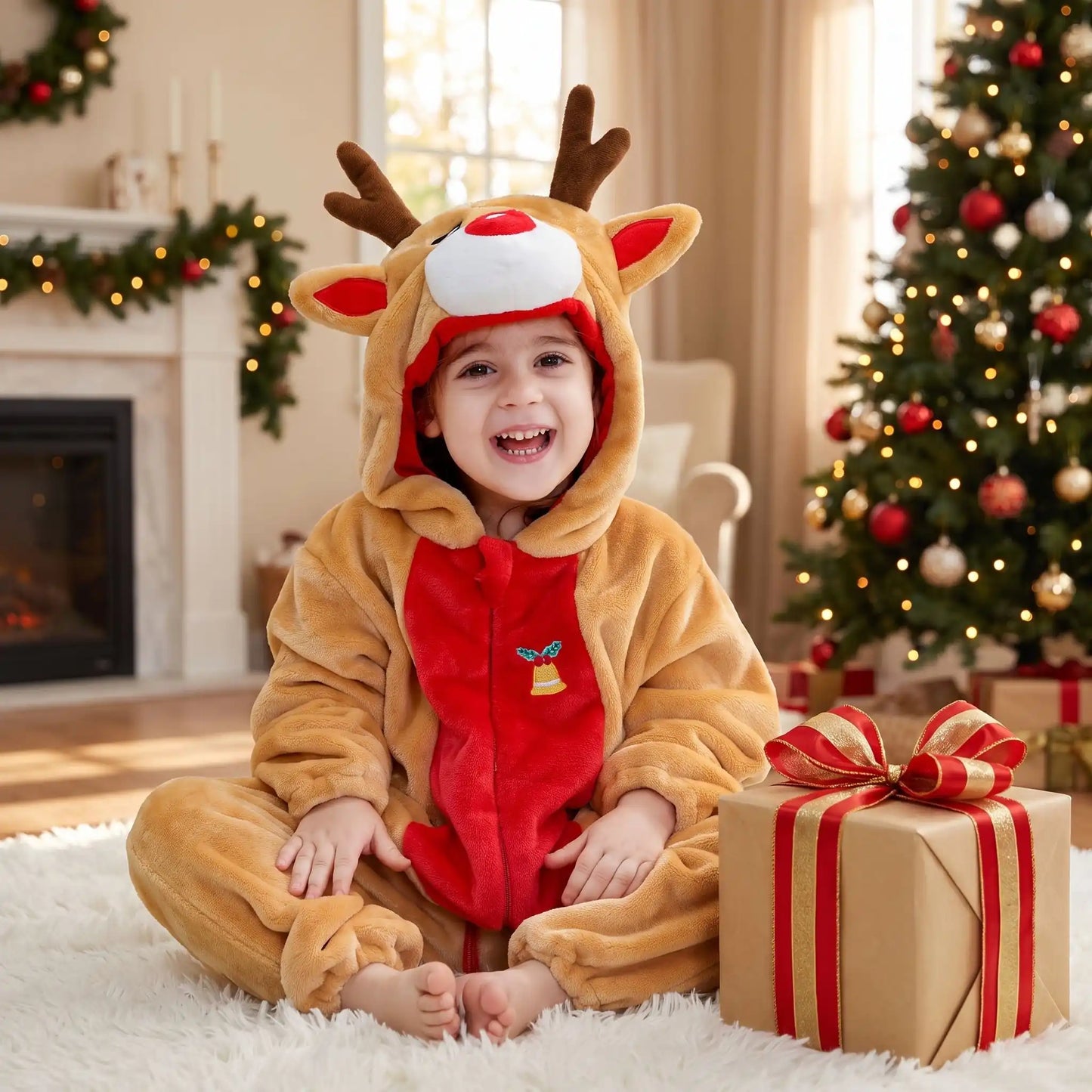 bébé pyjama cert avec enfant assit au salon joyeux cadeau à coté