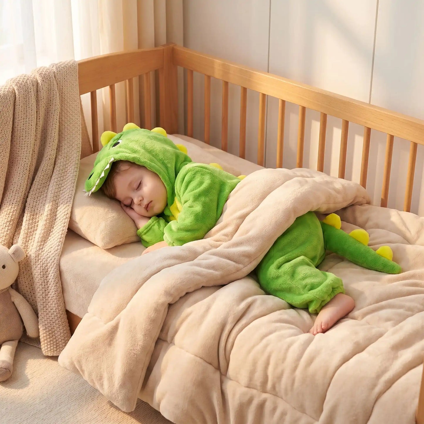 bébé pyjama dinosaure vert avec enfant qui dort paisiblement