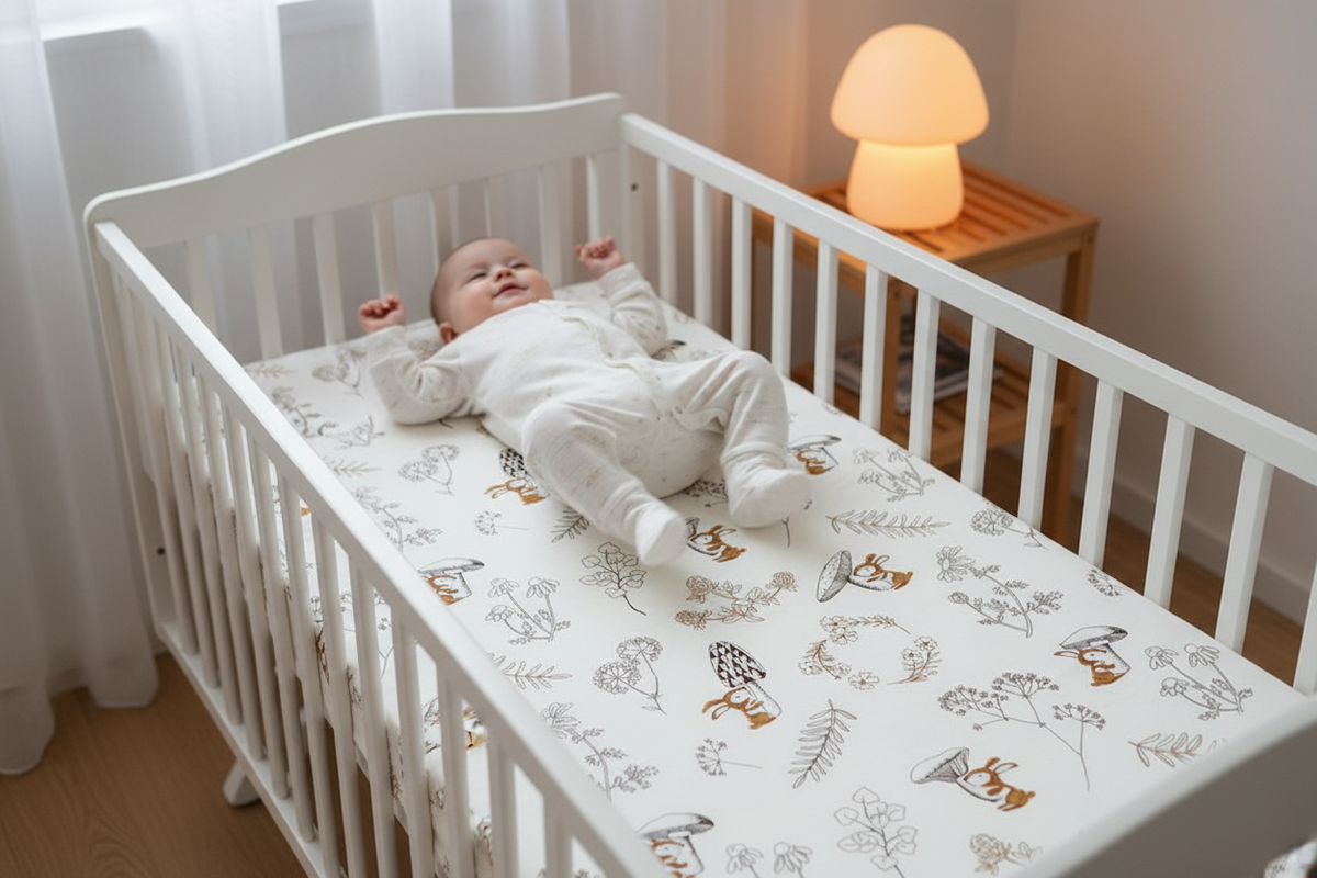 Bébé qui gigote sur drap-housse lapin 60x120 bien tendu