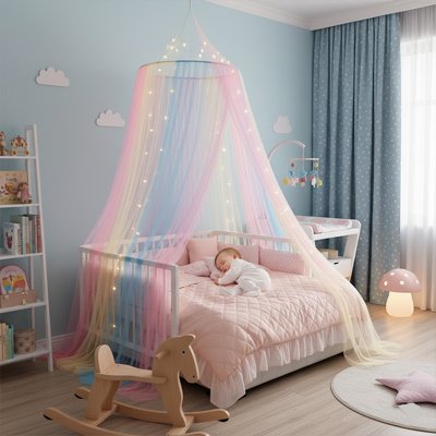 Ciel de lit arc-en-ciel au-dessus d'une chambre bleue avec bébé