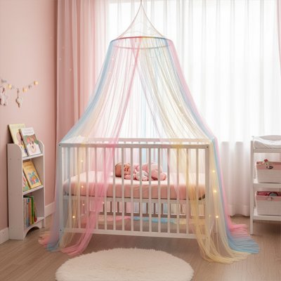 Ciel de lit arc-en-ciel entourant un berceau blanc avec bébé.