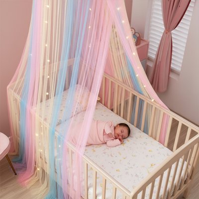 Ciel de lit arc-en-ciel suspendu sur un berceau avec bébé endormi.