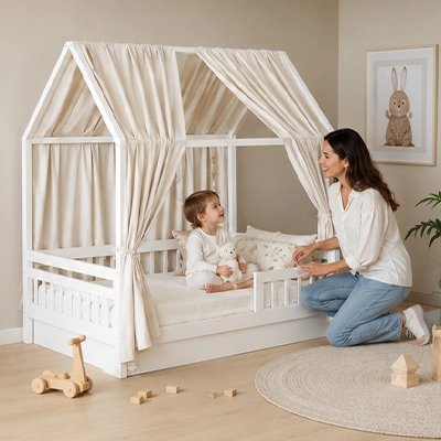 Ciel de lit enfant blanc maman regarde bébé avec toutou