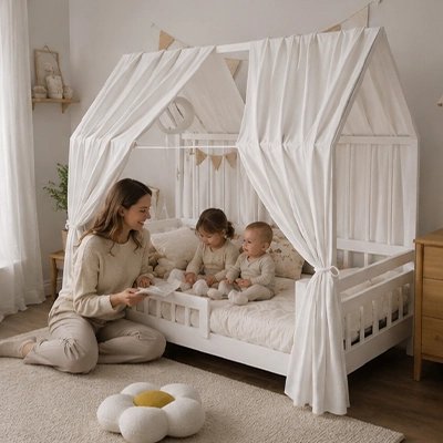 Ciel de lit enfant blanc maman regarde ses bébés