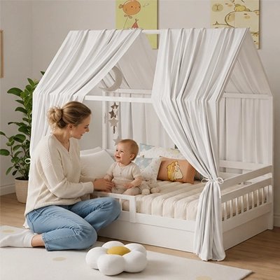 Ciel de lit enfant blanc maman sourit avec bébé