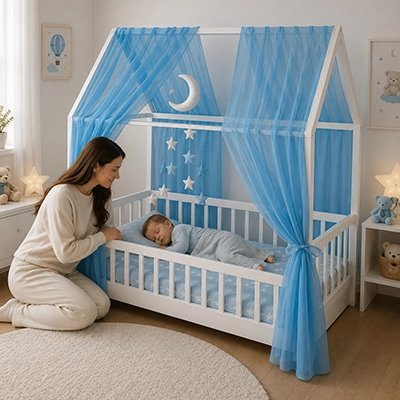 Ciel de lit enfant bleu sur un lit cabane blanc