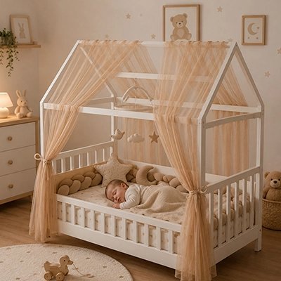 Ciel de lit enfant caramel drapé sur un lit cabane