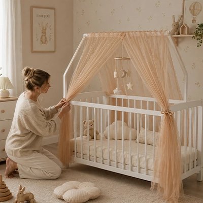 Ciel de lit enfant caramel installé sur un lit cabane blanc