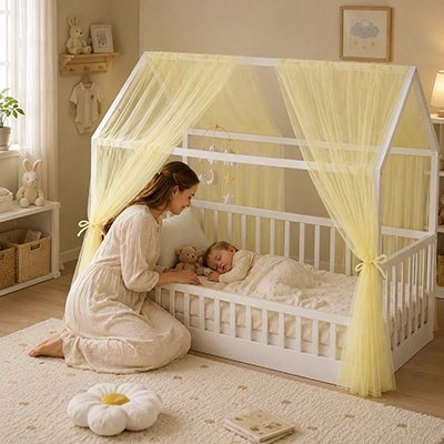 Ciel de lit enfant  jaune pastel abritant un bambin endormi