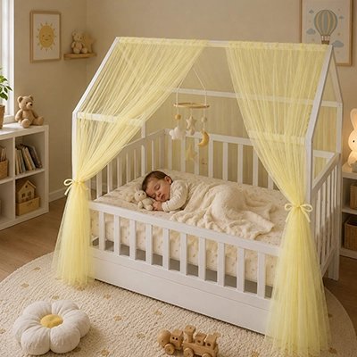 Ciel de lit enfant jaune sur un lit cabane avec bébé endormi