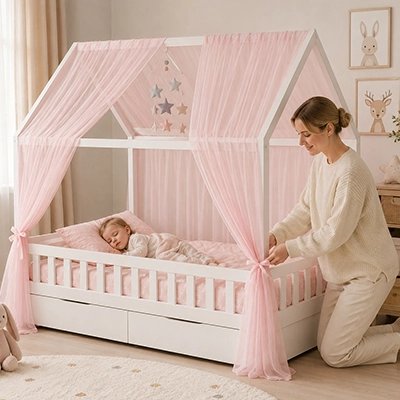 Ciel de lit enfant rose en tulle sur un lit cabane blanc