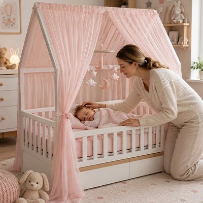 Ciel de lit enfant rose entourant un bébé endormi avec sa mère