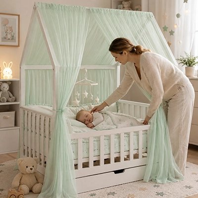 Ciel de lit enfant vert amande habillant un lit cabane blanc