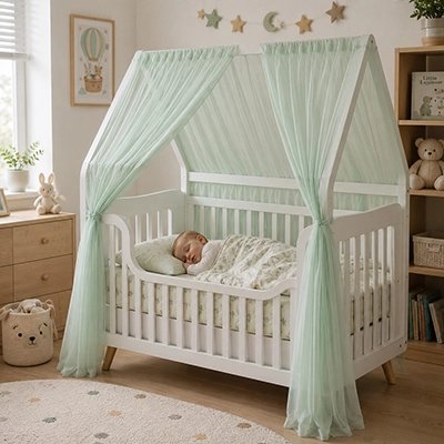Ciel de lit enfant vert sauge fixé sur un lit cabane à barreaux
