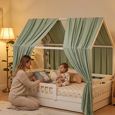 Ciel de lit vert maman regarde bébé