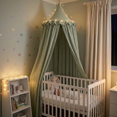 Ciel de lit vert orné de petites lucioles lumineuses sur le berceau