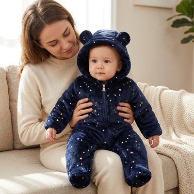 Combinaison bébé étoile avec enfant assis dans bras maman