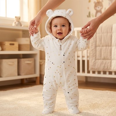 Combinaison bébé étoiles blanche avec bambin tenu debout par parent