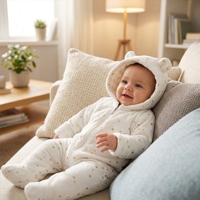 Combinaison bébé étoiles blanche avec nourrisson assis sur canapé 