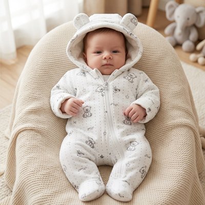Combinaison bébé motifs ours avec bambin allongé sur coussin 