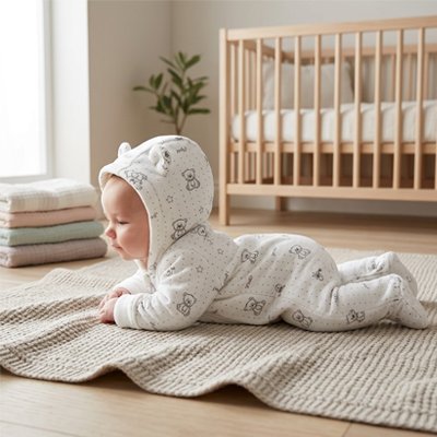 Combinaison bébé motifs ours avec nourrisson allongé sur un tapis
