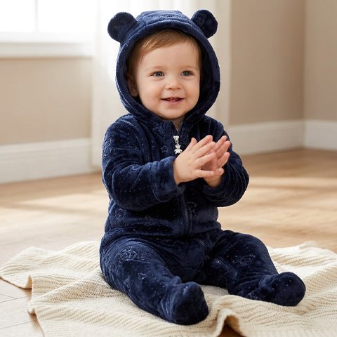 Combinaison bébé​ ourson avec capuche oreilles et nourrison assis 