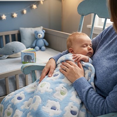 Couverture bébé bleu dort dans bras maman 
