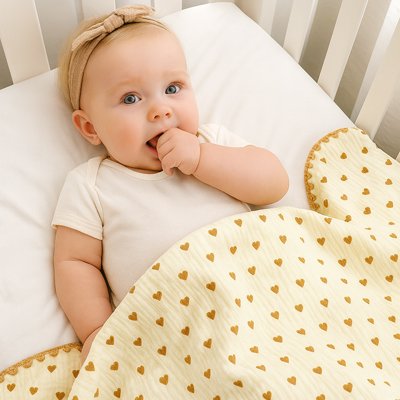 Couverture bébé en mousseline variante cœur avec bordure dentelle