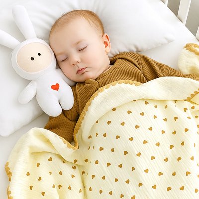 Couverture bébé en mousseline variante cœur avec doudou lapin.