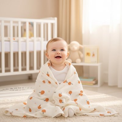 Couverture bébé motifs champignons enveloppant un nourrisson souriant