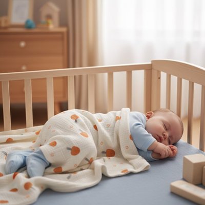 Couverture bébé motifs champignons sur nourrisson endormi en pyjama