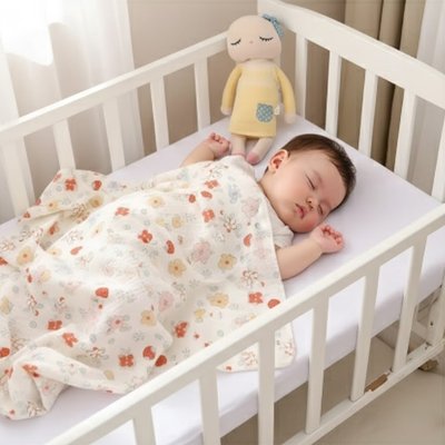 Couverture bébé motifs fraises couvrant un nourrisson qui dort