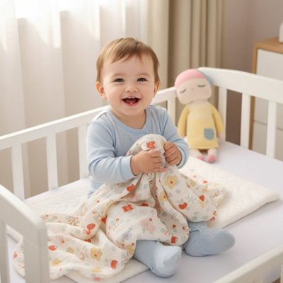Couverture bébé motifs fraises tenue par un enfant souriant