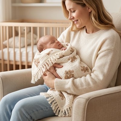 Couverture bébé motifs oursons enveloppant un nouveau-né avec maman