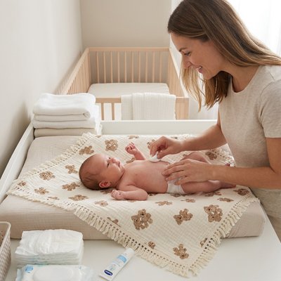 Couverture bébé motifs oursons étalée sur une table à langer