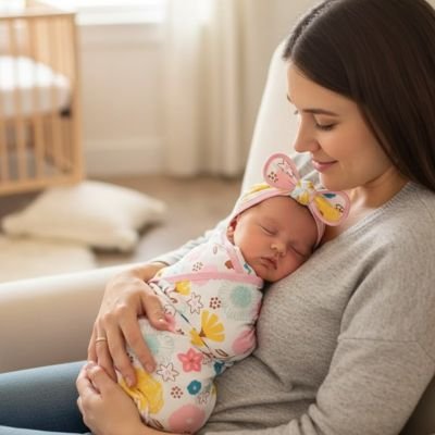 Couverture d'emmaillotage fleur bébé dort sur poitrine maman 
