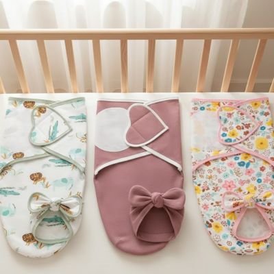 Couverture d'emmaillotage fleur rose et lion sur un berceau