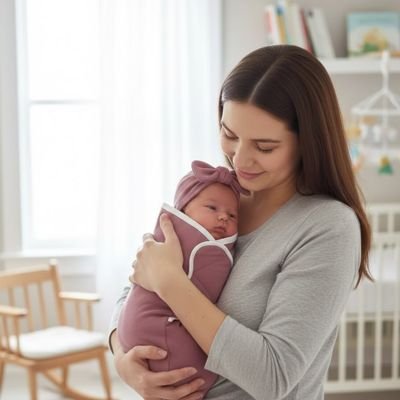 Couverture d'emmaillotage rose maman sourit avec bébé dans les bras